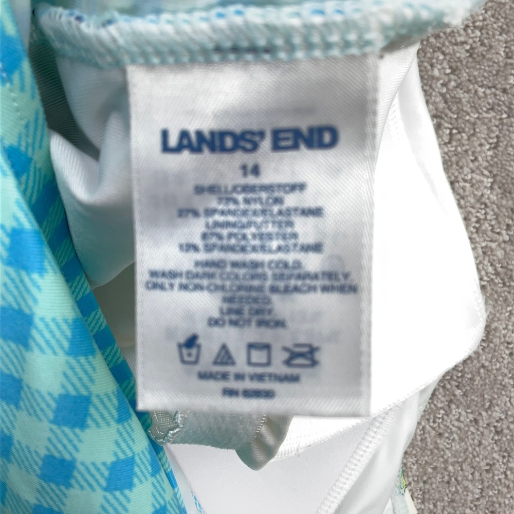 Lands' End One Piece Swimsuit Women 14 Blue Gingham Floral Tummy Control Beach - Picture 8 of 11